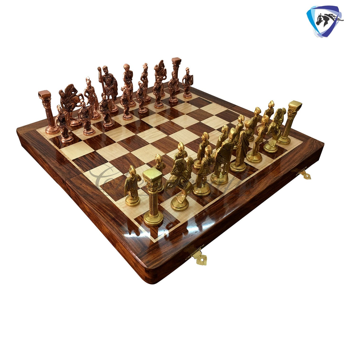 Folding Brass Roman chess figures & rosewood chess board set with storage of chess men.