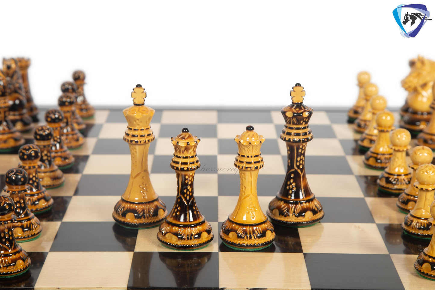 4.1" Staunton Chess pieces Set in Burnt Boxwood with carving-EXCALIBUR  + 23" Ebony wood Chess Board(60MMSQ) + Leather Storage Box COMBO