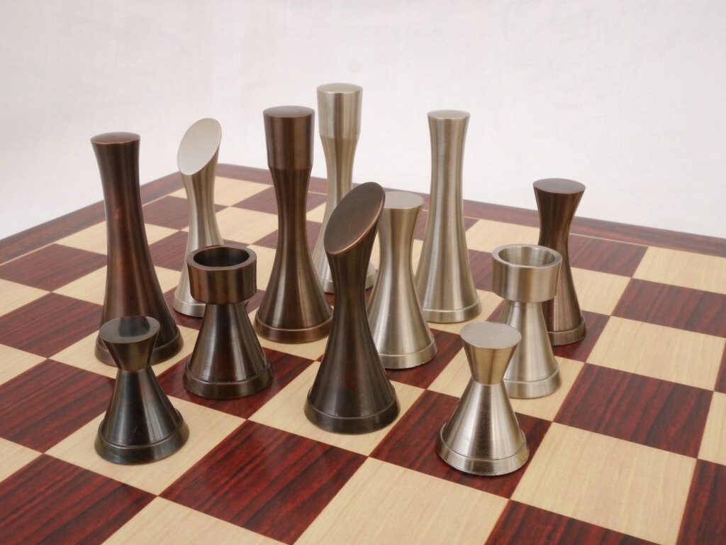 Solid Brass Chess pieces set MINIMALIST STEEL SLEEK Silver copper finish Chess coins set- King: 3.5"
