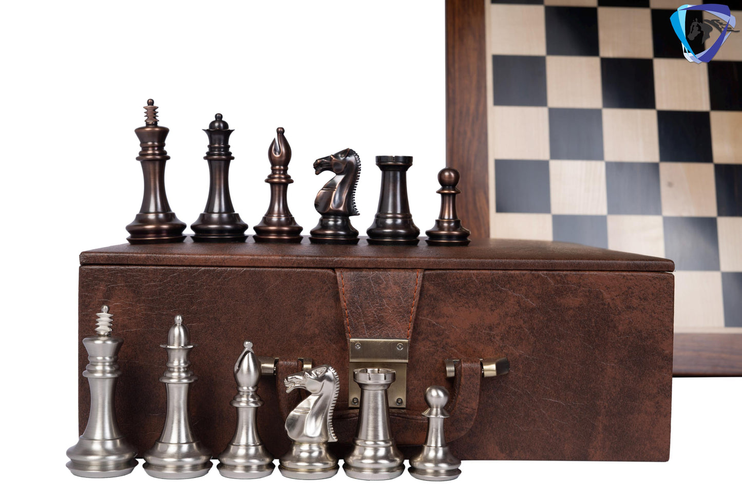 1849 Brass Staunton chess pieces set King: 4" MATTE STEEL-ANTQIUE finish+ 21" Ebonywood chess board(55mm) + Leather Storage box