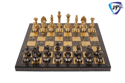 14" & 12" Brass Metal Chess Board Game Set Hand Carved With Brass chess pieces - Chess Board Set With Box-Velvet(Gold - Black)