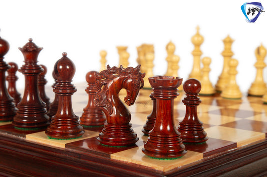 4.5" Staunton Bud Rosewood Chess pieces Set- BENEVENTO - Triple Weighted + 21" Bud Rosewood Chess Board  + Leatherette storage Box.