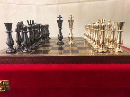 14" Brass Metal Chess Set with Brass chess Board and velvet storage box King 3.5" classical design gold & black glossy pieces.