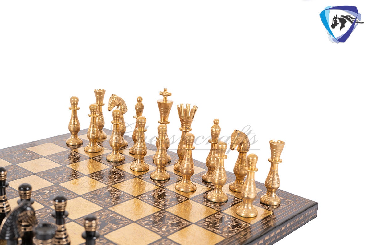 14" Solid Brass Metal Classical Hand carved Chess set- Soviet chess pieces in velvet storage box - Vintage Antique Chess -GOLD BLACK