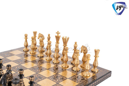 14" Solid Brass Metal Classical Hand carved Chess set- Soviet chess pieces in velvet storage box - Vintage Antique Chess -GOLD BLACK