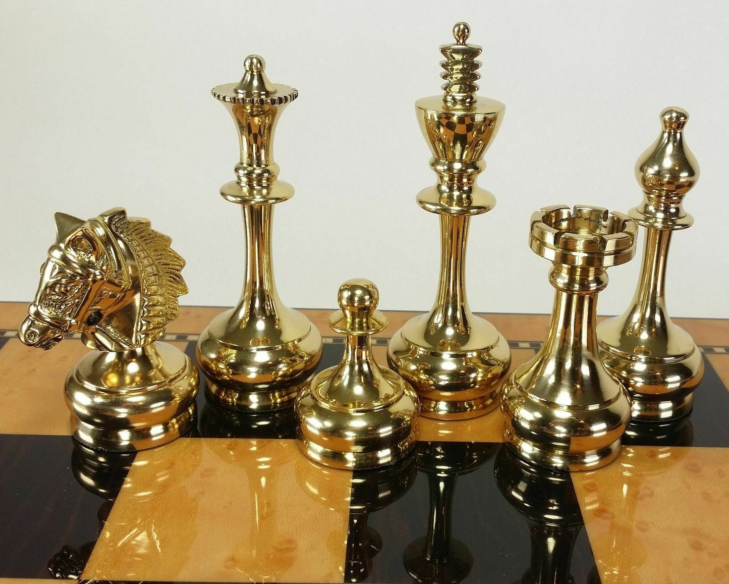 3.9" Brass Chess pieces set Bridled knight luxury Collector series Gold & Black Glossy finish Handmade brass chess set.