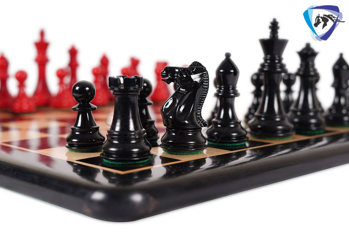 4.1" Wooden Staunton chess set in Red & Black Painted Boxwood Specially weighted - Extra Queens +19" Ebonywood chess board (51MM SQ)