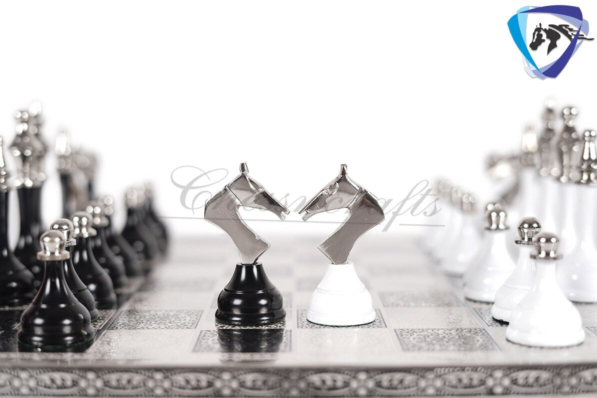 14" Brass Chess Board set- Modern Classic Hand carved- Soviet BLACK & WHITE EDITION chess pieces in velvet storage box - Chess Gift for Him