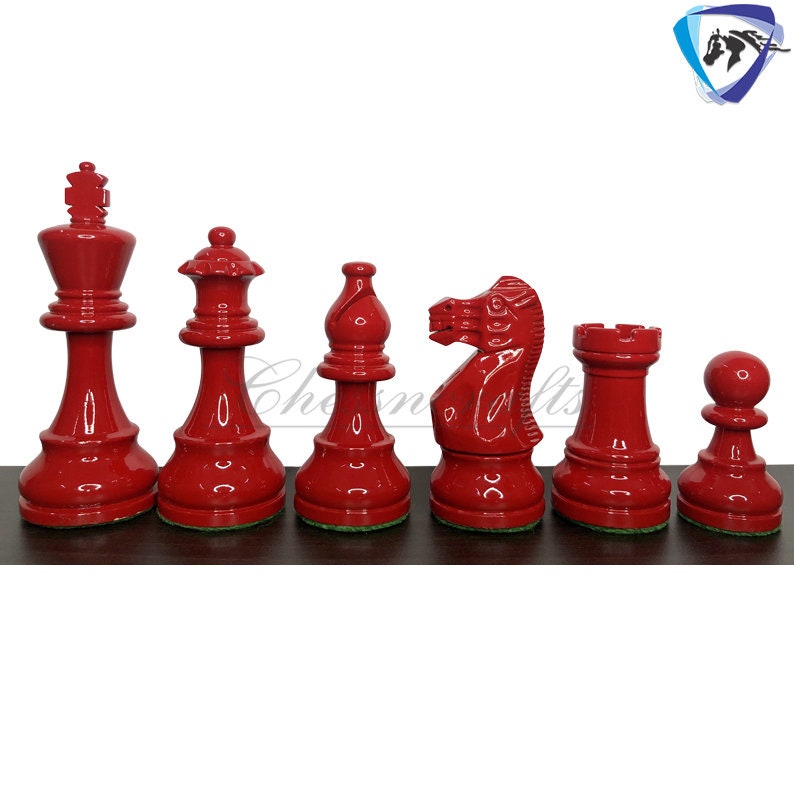 Classic Staunton Chess pieces Set Boxwood Painted Red & Black - King 3.75"  Weighted 2 Extra Queens- Lacquered glossy polish.