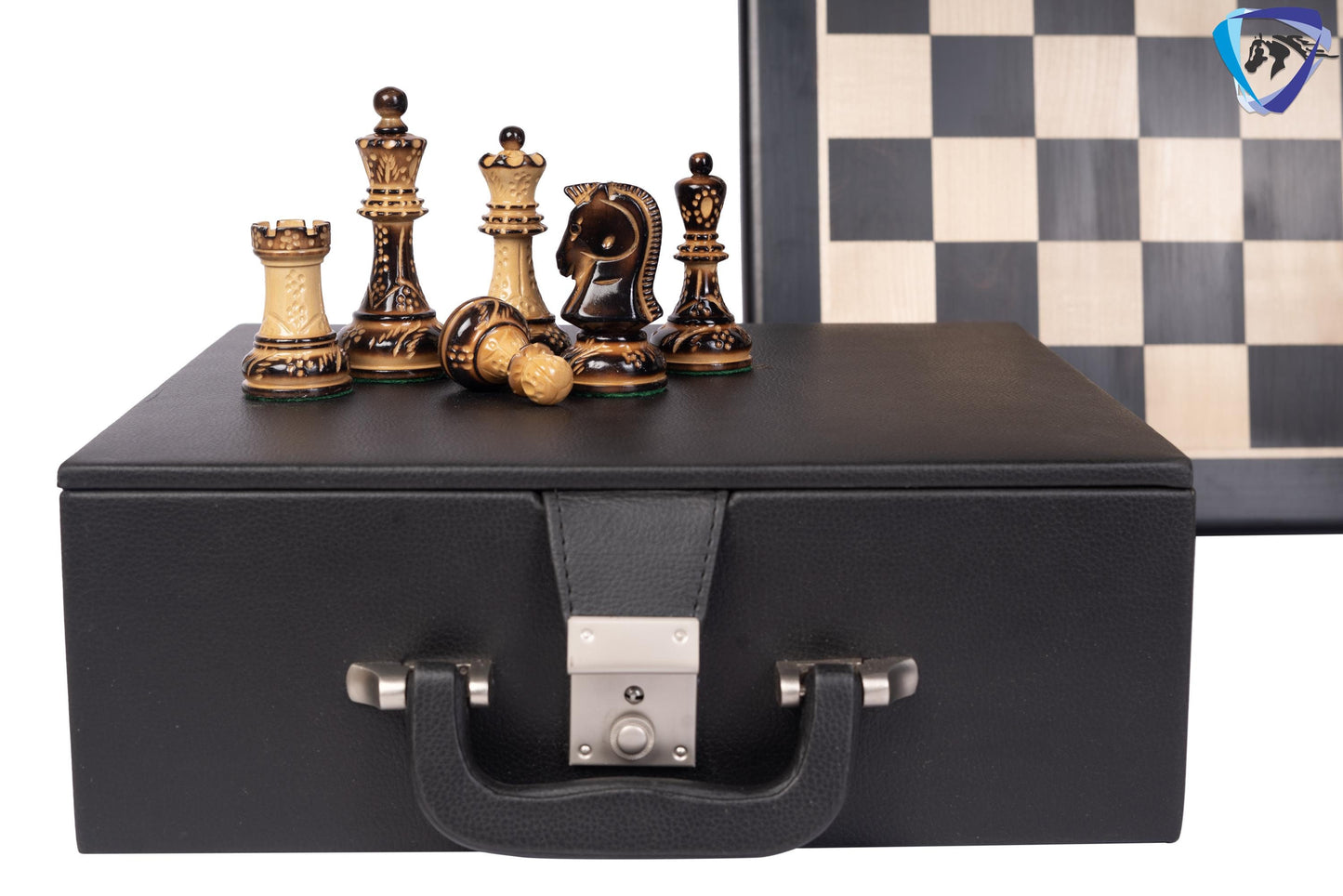1950 Fischer Dubrovnik Burnt & Carved boxwood chess pieces set King-3.8" + 21" Ebonywood chess board(SQ:55MM) + Leather Storage box-Luxury
