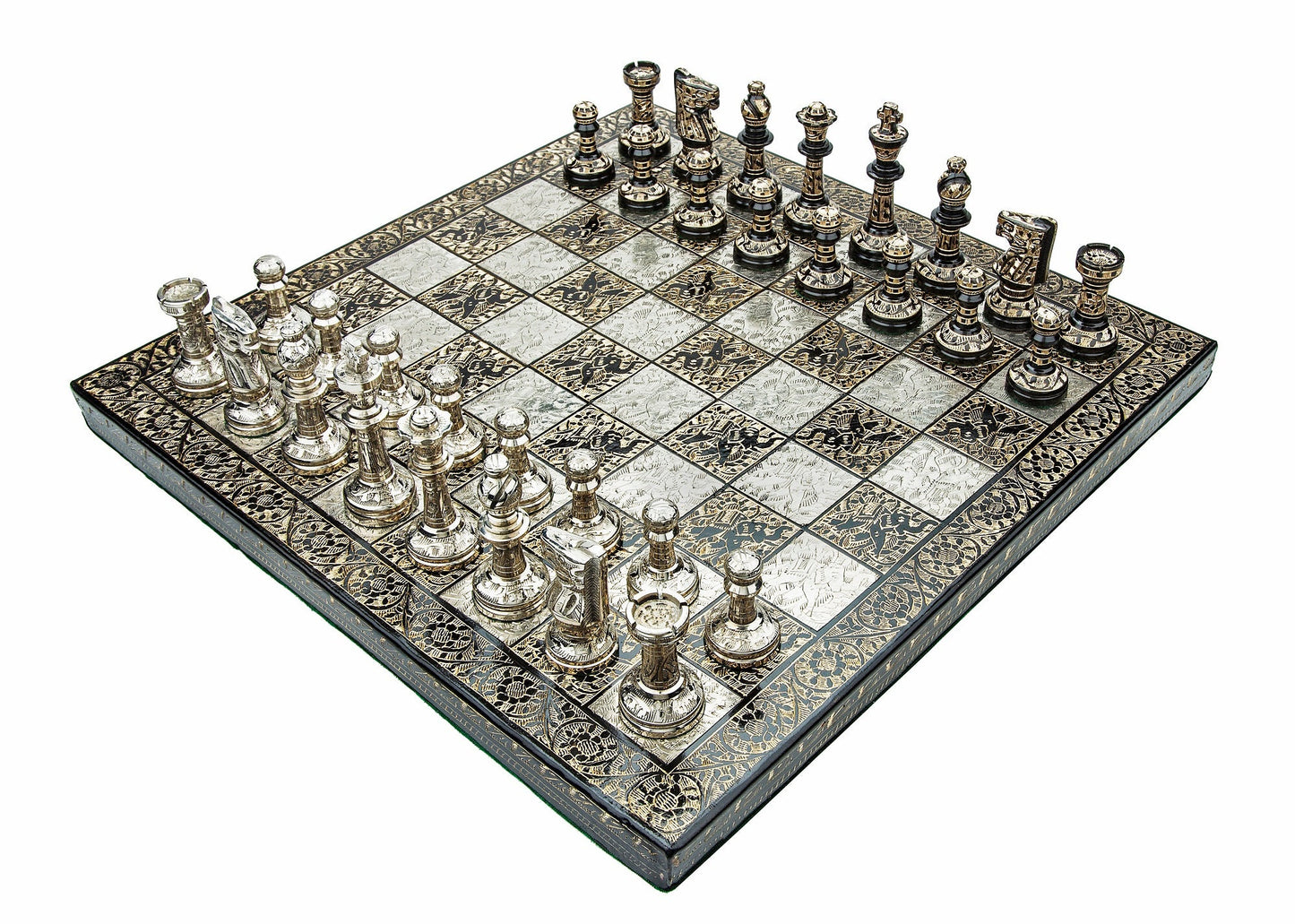14" Brass Chess Board set Staunton Hand carved Chess Pieces King: 3" with velvet storage box - Chess Board set With Box- Chess gift for him