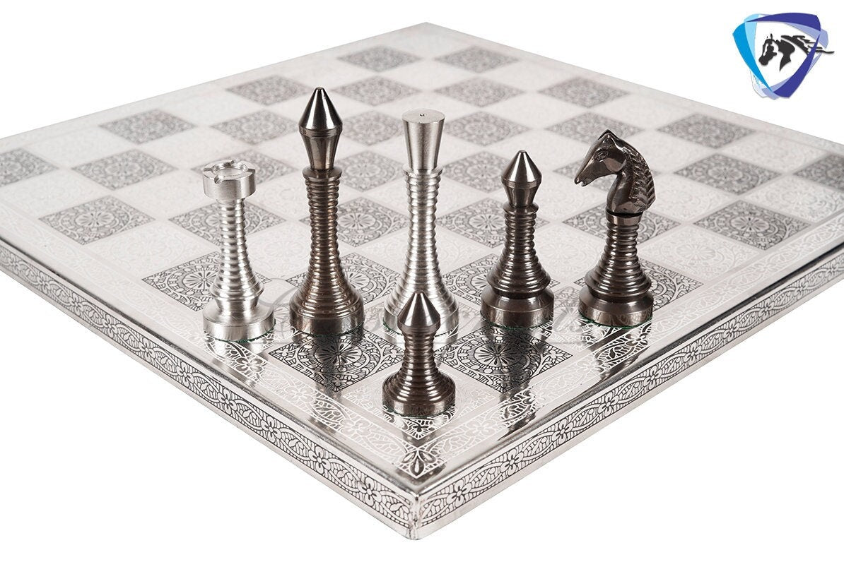 14" Solid Brass Metal CLASSICAL MEENAKARI Hand carved Chess set- Slim chess men Carving with velvet storage box - Brass chess board set