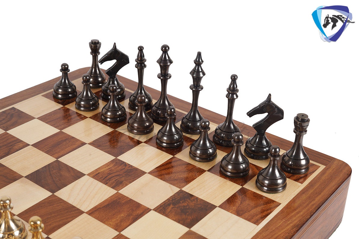 16" Brass Chess Board Set MODERN CLASSIC Chess Pieces Black-gold and Rosewood  Chess board with Storage drawer- Chess Gift- Gift for Him