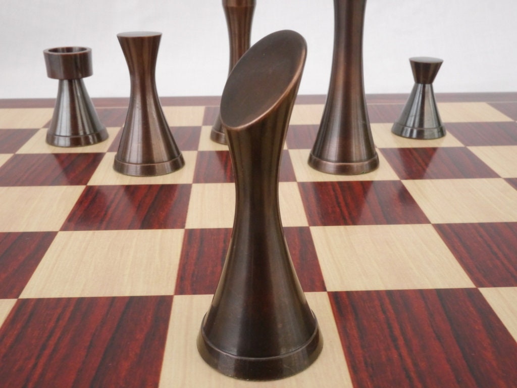 Solid Brass Chess pieces set MINIMALIST STEEL SLEEK Silver copper finish Chess coins set- King: 3.5"