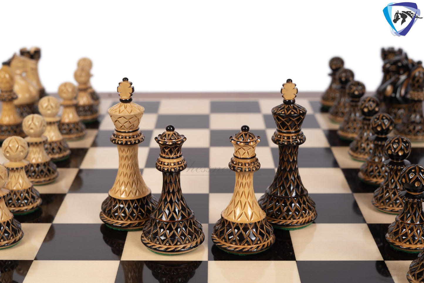 4" Fierce Knight Staunton Chess pieces Set in Burnt Boxwood with carving + 21" Ebony wood Chess Board + Leather Storage Box COMBO