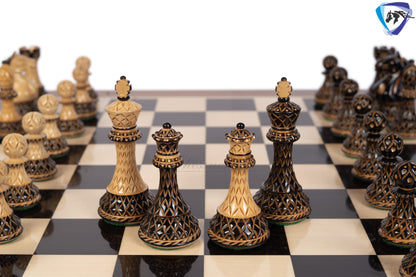 4" Fierce Knight Staunton Chess pieces Set in Burnt Boxwood with carving + 21" Ebony wood Chess Board + Leather Storage Box COMBO