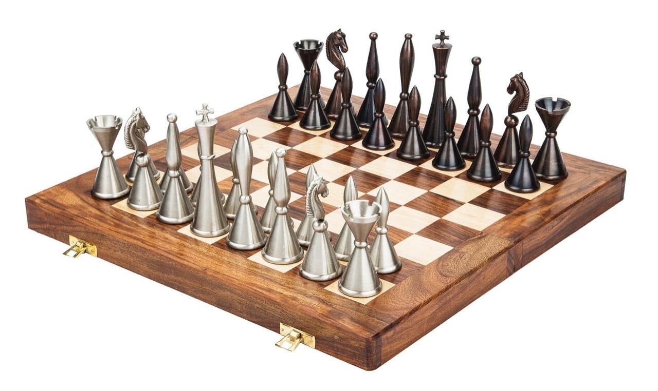 Solid Brass Chess pieces set French Silver copper King: 4.25" & Rose wood folding chess board-16" x 16" with chess pieces storage.