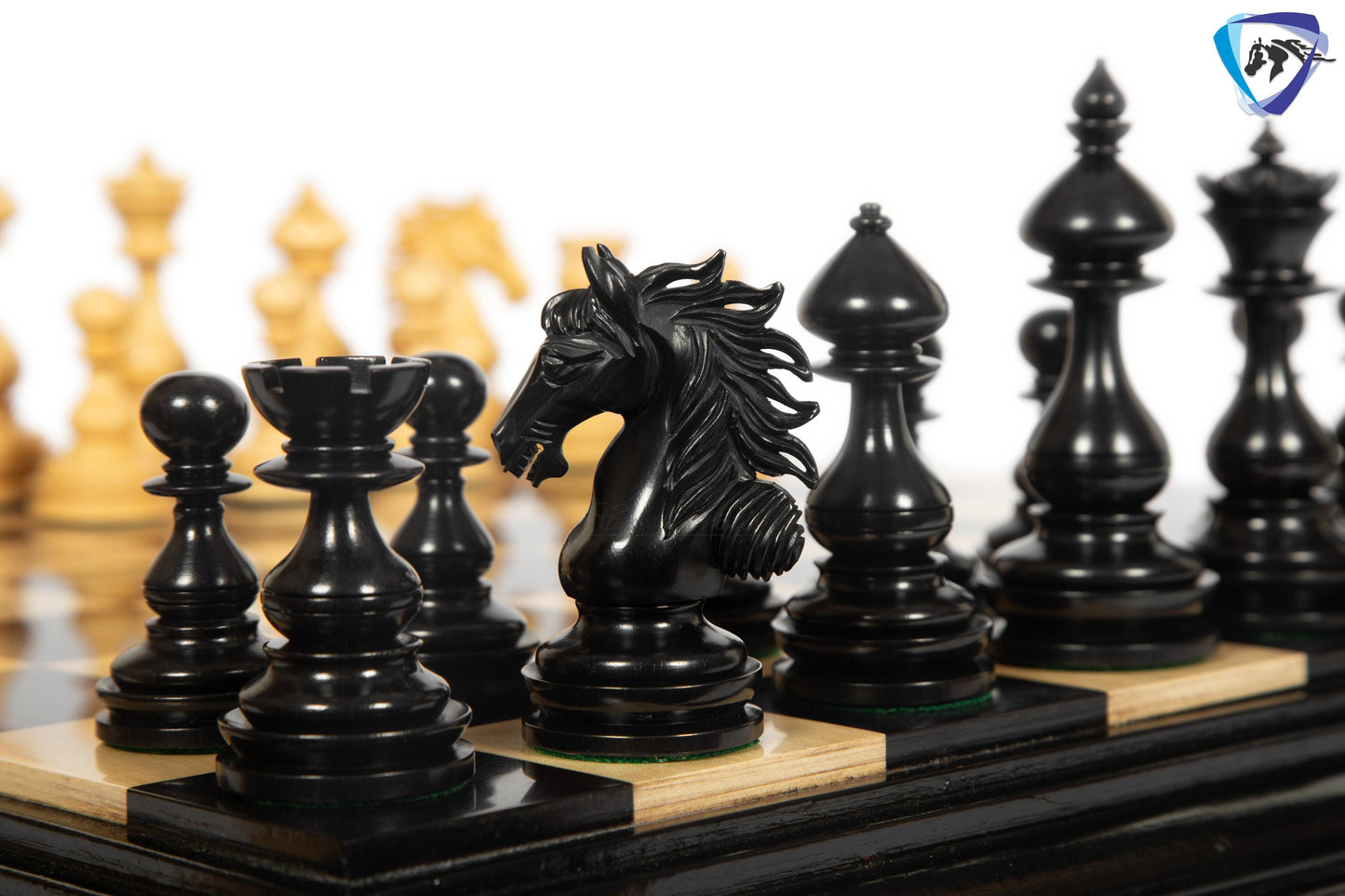 4.5" Staunton Ebony wood Chess pieces Set- WILD STALLION + 21" Ebony wood Chess Board STEPS border  + Leatherette storage Box.