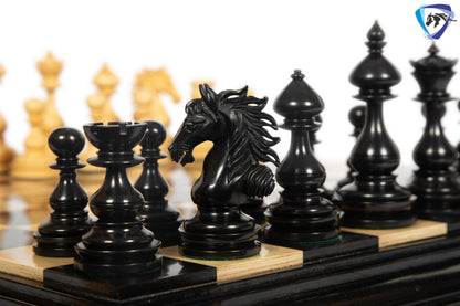 4.5" Staunton Ebony wood Chess pieces Set- WILD STALLION + 21" Ebony wood Chess Board STEPS border  + Leatherette storage Box.