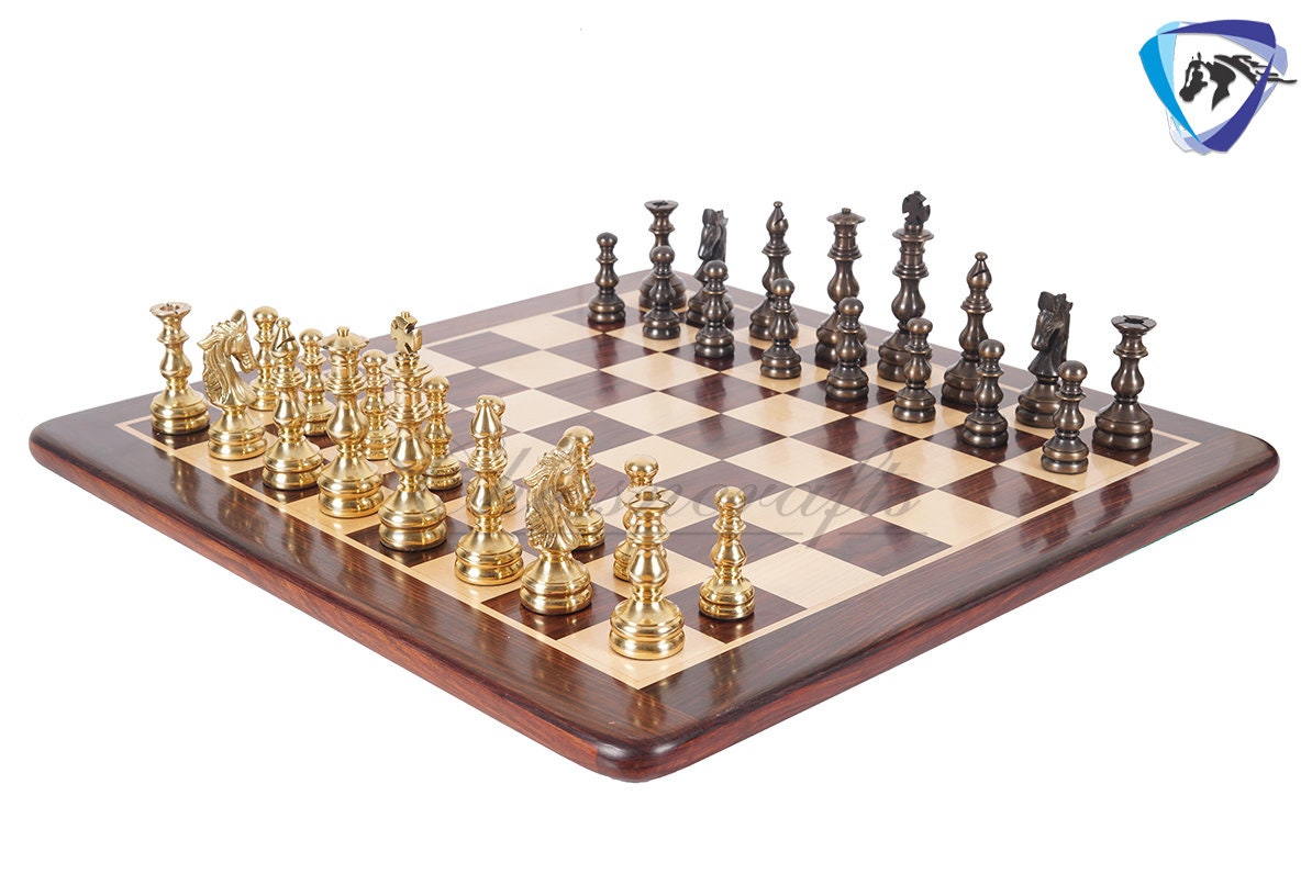 5" Brass Metal Chess Set Designer Spartan Collection - Gold & Antique Polish Brass Chess Pieces + 23" Rosewood(dark grain) Chess Board Combo