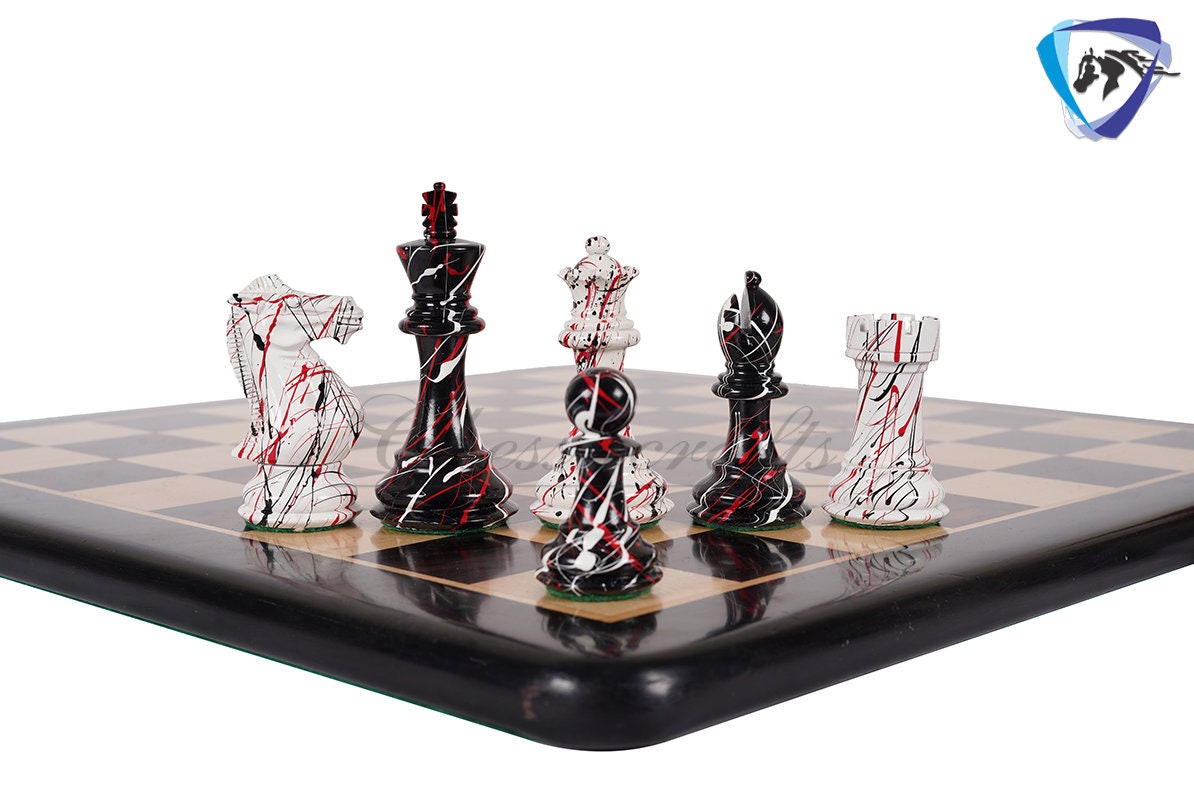 4.1" Wooden chess piece set - MODERN STREET ART Painted Staunton chess pieces Weighted-extra queens + 51mm Ebonywood Chess Board+Storage box
