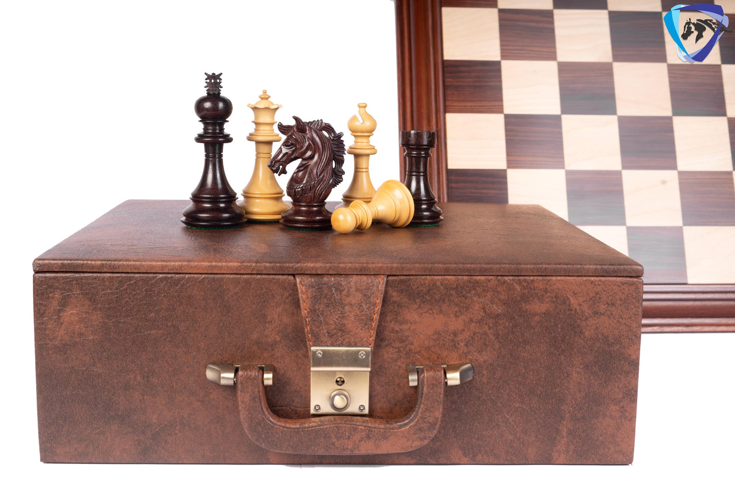 4.5" Luxury Staunton Rosewood & Boxwood Chess pieces Set- Alexander Luxury- Triple Weighted + 21" Rosewood Chess Board + Leather Storage Box