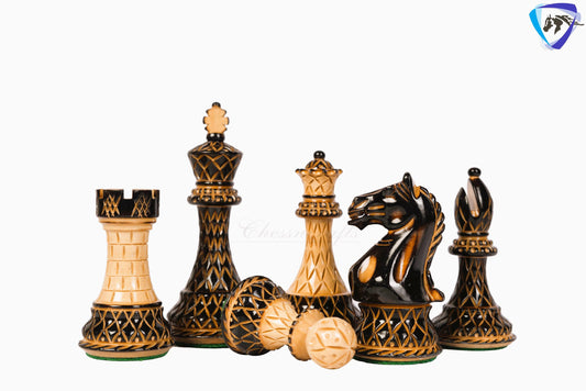 4" Fierce Knight Staunton Chess pieces Set in Burnt Boxwood with carving + 21" Ebony wood Chess Board + Leather Storage Box COMBO