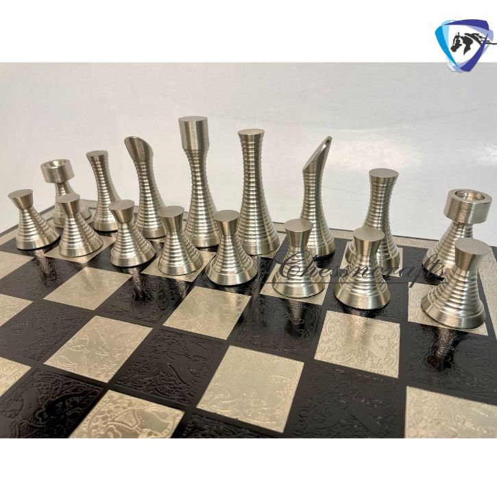 14" Brass Chess Board set- BLACK SILVER Slim Rings chess men Carved with velvet storage box - Luxury Brass Chess board set Gift for him