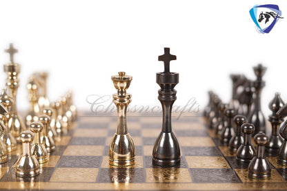14" Solid Brass Metal Chess set- Apple bottom chess men Carved with velvet storage box - Vintage antique set- Brass Chess board set.