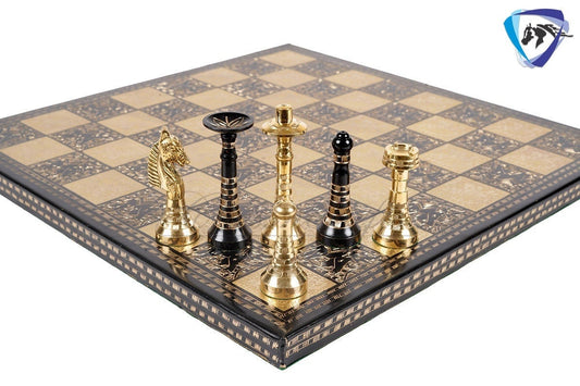 14" Solid Brass Metal Classic HUNGARIAN Hand carved Chess set- BLACK-GOLD Slim chess men Carving with velvet storage box Chess board set.