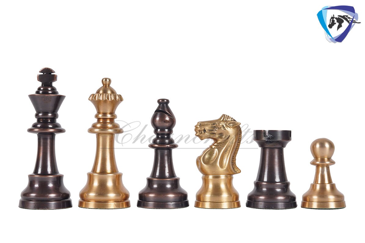 1849 Reproduced Staunton chess pieces set in Brass Metal Antique & Gold polish King: 3.4" + 16" Golden rosewood Chess Board + Storage Box
