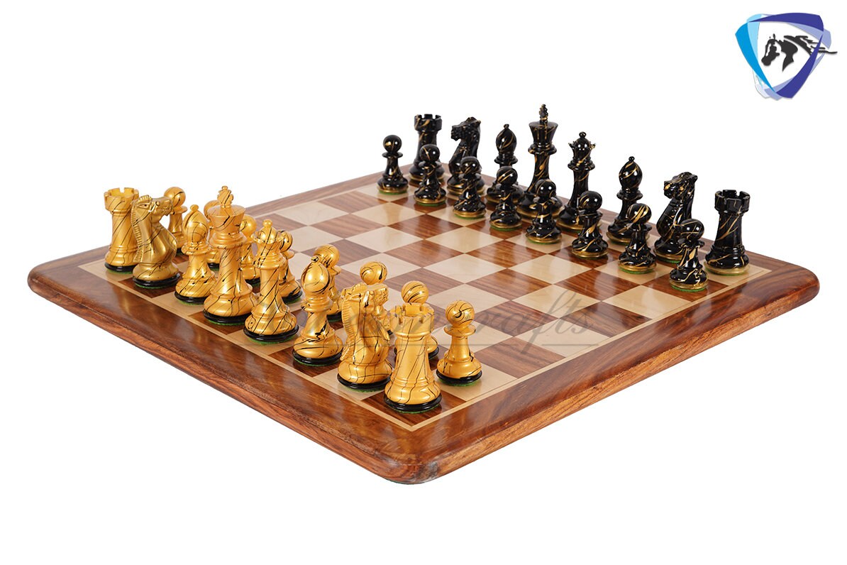 4" Wooden Staunton Chess set - STREET ART Painted chess pieces Black & Gold Weighted- extra queens + 19" Golden rosewood Chess Board COMBO
