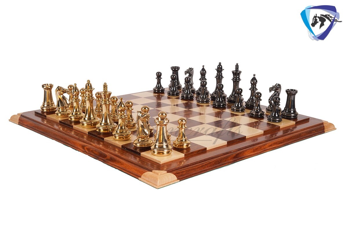 1849 Brass Staunton chess pieces set King: 4" Solid metal chess men + 21" Luxury Rosewood chess board(55mm) + Leather Storage box