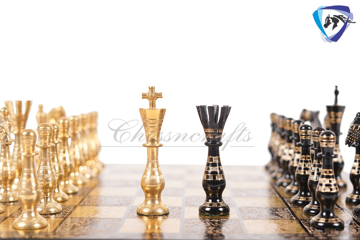 14" Solid Brass Metal Classical Hand carved Chess set- Soviet chess pieces in velvet storage box - Vintage Antique Chess -GOLD BLACK