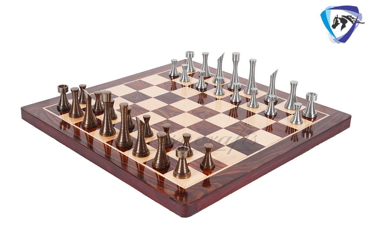19" Rosewood Chess Board set with 3.5" Solid Brass Chess pieces set RING STEEL SLEEK Silver & Antique Polish Minimalist Chess Board set.