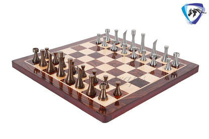 19" Rosewood Chess Board set with 3.5" Solid Brass Chess pieces set RING STEEL SLEEK Silver & Antique Polish Minimalist Chess Board set.