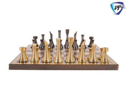 14" Solid Brass Metal Chess set- Slim Rings chess men Carved with velvet storage box - Vintage Collector antique set- Brass Chess board set.
