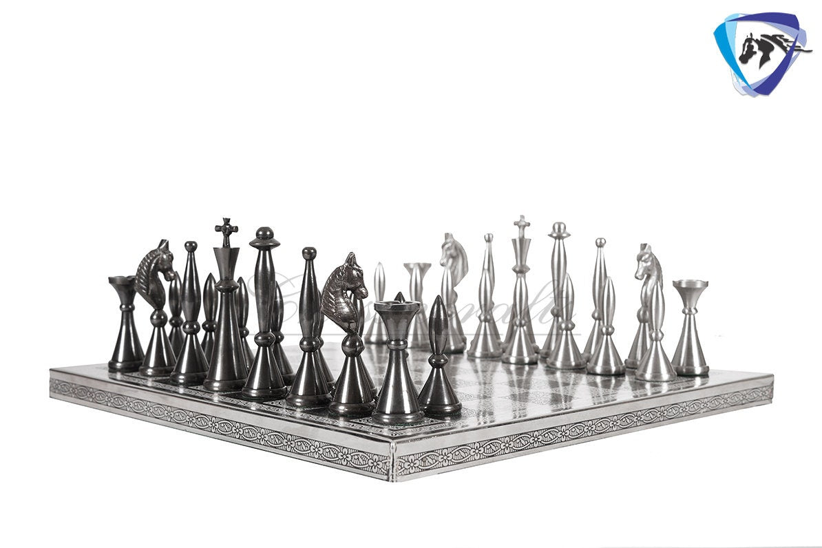 14" Brass Chess Board set ART DECO Chess Pieces - MEENAKARI chess board Hand carved in velvet storage box - Brass chess board set-Chess Gift