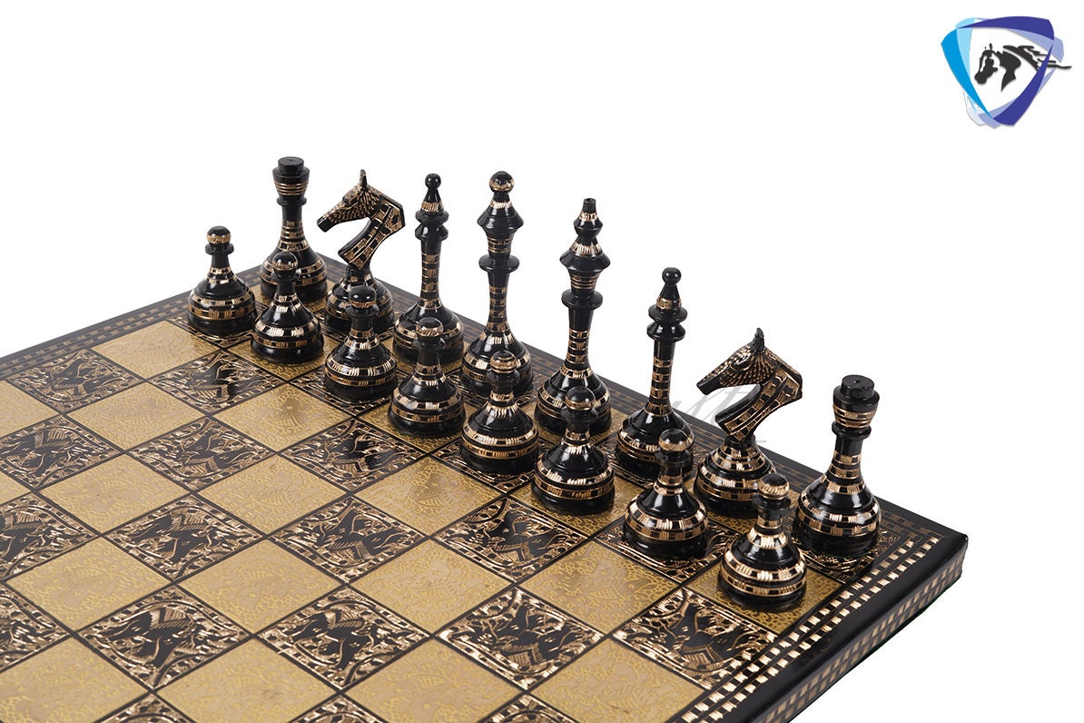 14" Solid Brass Metal Chess set- Russian Soviet Chess with Carving & Velvet storage box - Vintage Collector antique set
