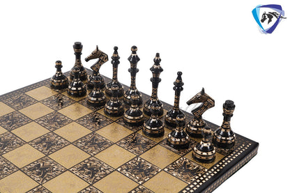 14" Solid Brass Metal Chess set- Russian Soviet Chess with Carving & Velvet storage box - Vintage Collector antique set
