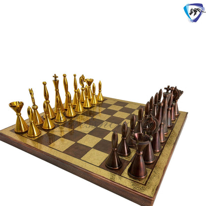 12" Brass Chess Board set- ART DECO TOWER Chess men with Hand Carved chess board + velvet storage box - Gift for Him- Chess Gift