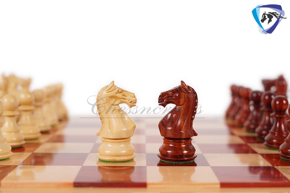 4" Staunton Bud Rosewood Chess pieces Set-Fierce Knight-Weighted-2 Extra queens- 21" Bud Rosewood Chess Board + Leather Storage Box COMBO