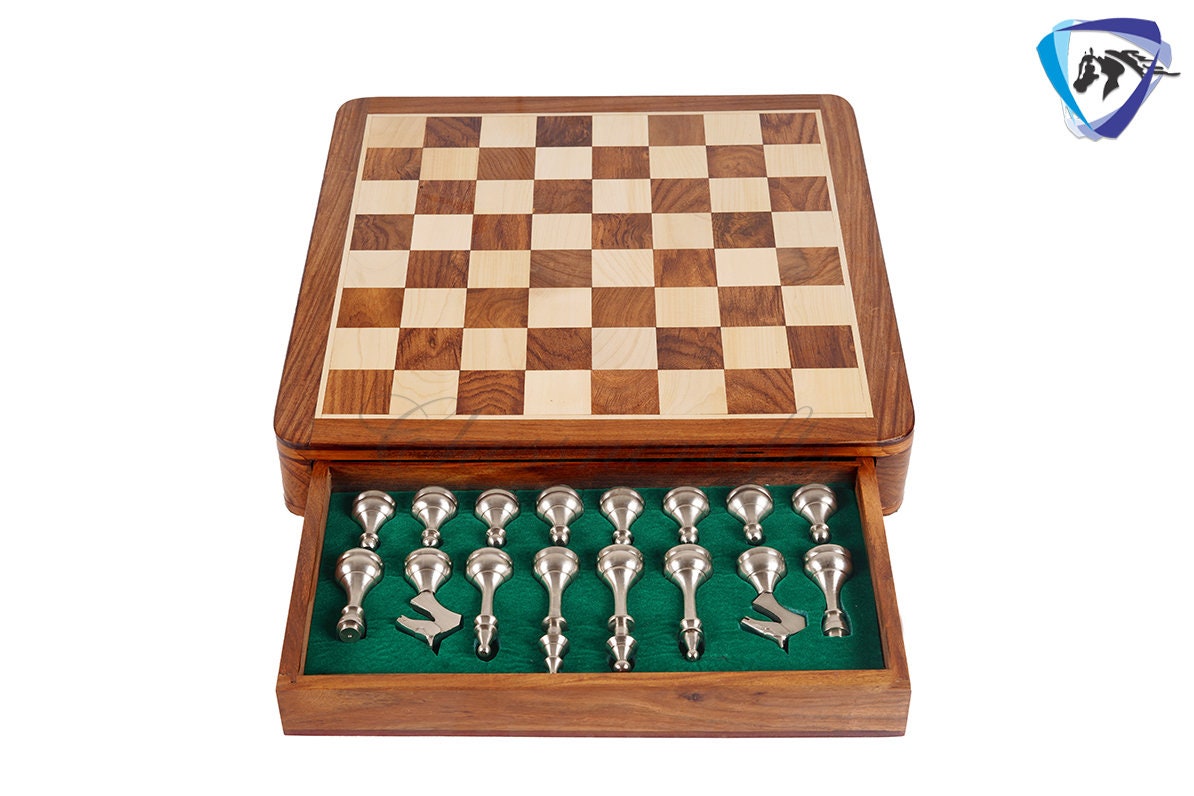 16" Brass Chess Board Set MODERN CLASSIC Chess Pieces Copper-Silver and Rosewood  Chess board with Storage drawer- Chess Gift- Gift for Him