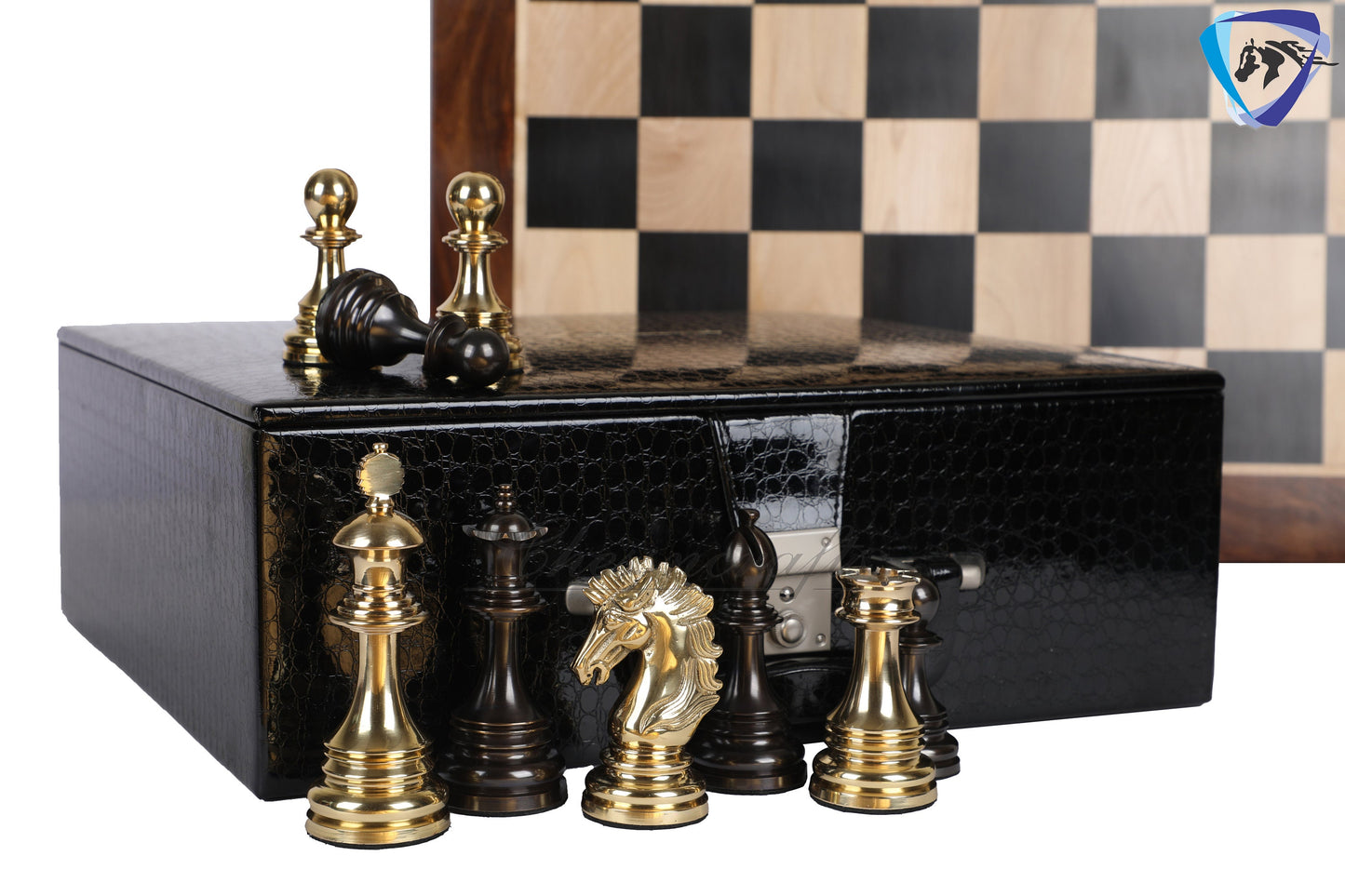 5" Brass Chess Pieces Set WELLINGTON Gold & Antique Limited Edition Luxury Staunton chess pieces  + 23" Ebonywood Chess Board + Storage Box