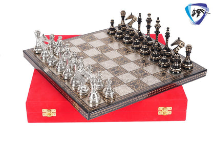 14" Solid Brass Metal Chess set- Russian Soviet Chess with Carving & Velvet storage box - Vintage Collector antique set