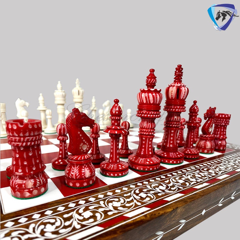 Combo of 16" INLAY ART WORK Wooden folding chess board and 4" Camel Bone Chess pieces Set Red & White