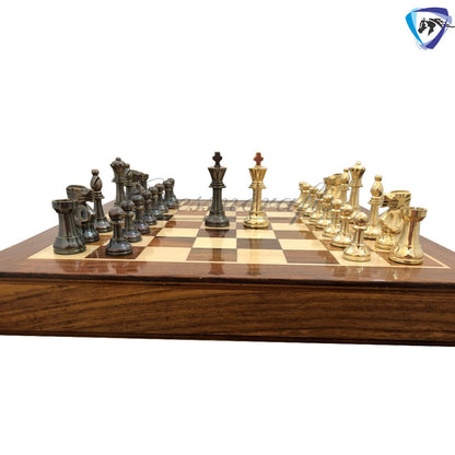 Brass Metal Staunton chess set & Rosewood chess board with storage 16"x16"- Glossy gold black chess men