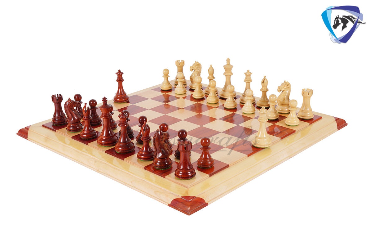 4" Staunton Bud Rosewood Chess pieces Set-Fierce Knight-Weighted-2 Extra queens- 21" Bud Rosewood Chess Board + Leather Storage Box COMBO