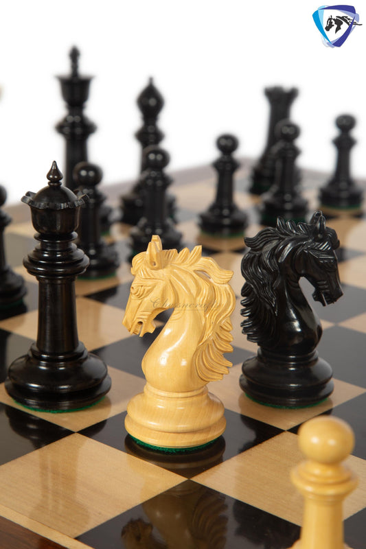 4.5" Ebony wood Staunton Chess pieces Set - STALLION VER 2.0 + 23" Ebonywood chess board (SQ: 60mm) + Leather Storage box for chess pieces