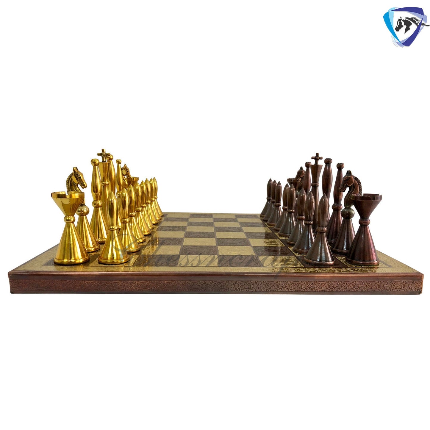 12" Brass Chess Board set- ART DECO TOWER Chess men with Hand Carved chess board + velvet storage box - Gift for Him- Chess Gift